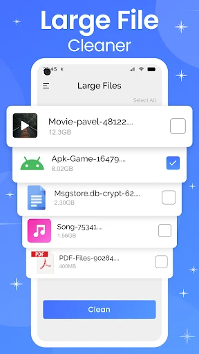 Large File Cleaner view showing selectable files including movies, games, and documents with file sizes and clean button for removal