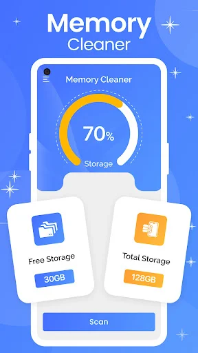 Memory Cleaner showing 70% storage filled with free and total storage metrics, featuring Scan button for phone cleanup