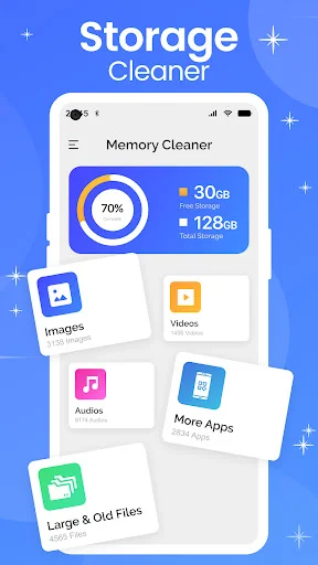 Storage Cleaner displaying file categories including images, videos, audios, more apps, and large or old files to remove