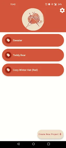 Knittr row counter home screen listing active knitting projects: Sweater, Teddy Bear, Cozy Winter Hat Red