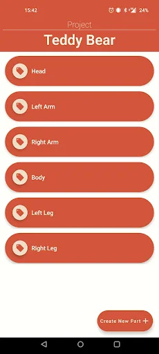 Teddy Bear project sections: Head, Left Arm, Right Arm, Body, Left Leg, Right Leg with create new part button