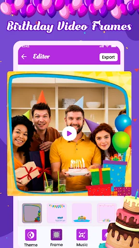 Birthday video frames editor displaying photo with theme, frame, and music customization options for creating videos