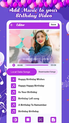 Birthday video music editor with audio waveform display, timing controls, and curated list of birthday songs to choose from