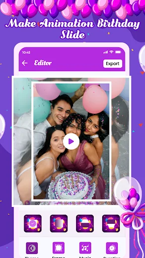 Birthday animation slide maker showing photo preview with multiple animation effects and export button for video creation