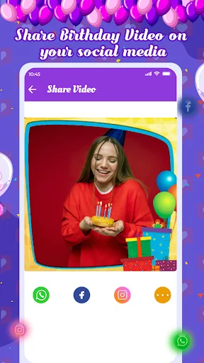 Birthday video sharing interface with preview and social media sharing options for WhatsApp, Facebook, and Instagram