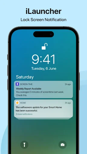 iLauncher lock screen with notifications, time display, and iOS-style interface for Android personalization