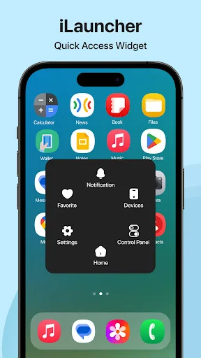 iLauncher quick access widget displaying notification, favorite, devices, settings, and control panel shortcuts