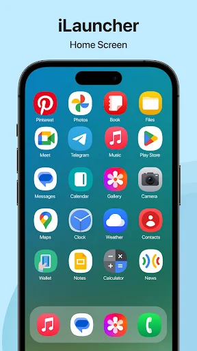 iLauncher home screen showing iOS-style app icon grid and dock for Android phone customization