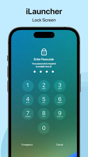 iLauncher lock screen passcode entry with numeric keypad and iOS-style security interface