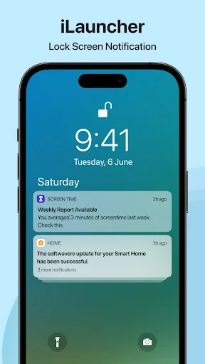 iLauncher lock screen with notifications, time display, and iOS-style interface for Android personalization