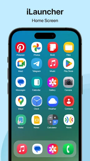 iLauncher home screen showing iOS-style app icon grid and dock for Android phone customization