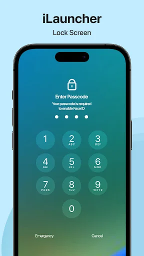 iLauncher lock screen passcode entry with numeric keypad and iOS-style security interface