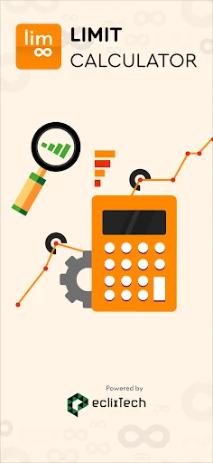 Limit Calculator app splash screen with orange logo, magnifying glass, calculator, and graph graphics showing mathematical visualization elements