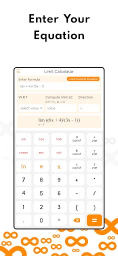 Limit calculator equation input interface with formula field, variable selection dropdown, and scientific keypad including trigonometric and mathematical function buttons