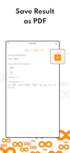 Limit calculator result screen with complete solution steps and orange save-to-PDF button for exporting mathematical work as document file