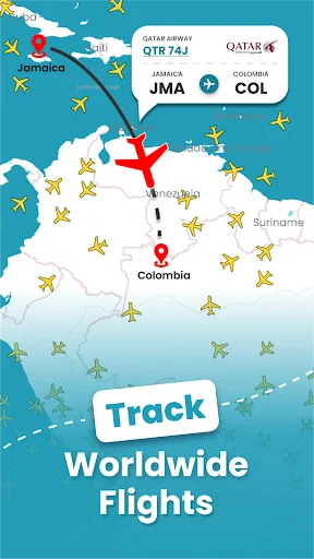 Flymat flight tracker app showing live map with aircraft tracking Qatar Airways flight from Jamaica to Colombia