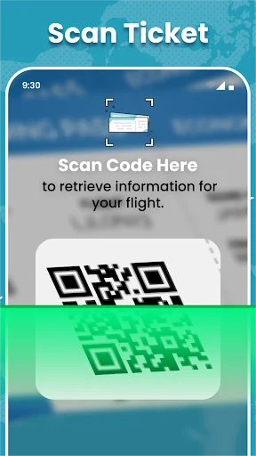 Flymat ticket scanner feature with QR code reader to retrieve flight information and track flights instantly