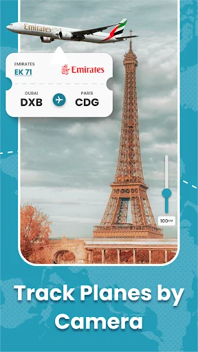 Flymat camera flight tracker showing Emirates plane over Eiffel Tower with route from Dubai to Paris displayed