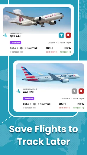 Flymat saved flights feature displaying Qatar Airways and American Airlines tracked flights with arrival times