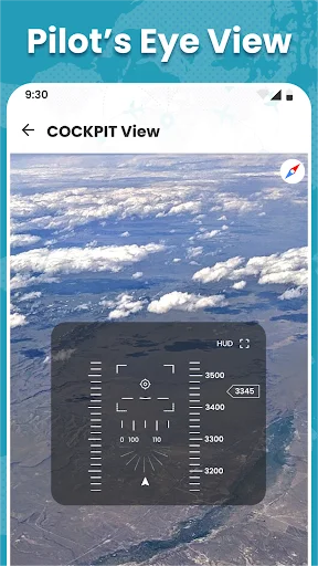 Flymat pilot's eye cockpit view mode showing flight instruments and altitude display above clouds