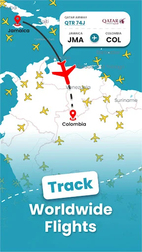 Live flight tracking map displaying Qatar Airways QTR 74J real-time route from Jamaica to Colombia with airplane location icons