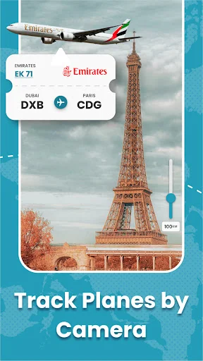 Emirates aircraft flying over Eiffel Tower showing live flight tracking by camera view from Dubai to Paris