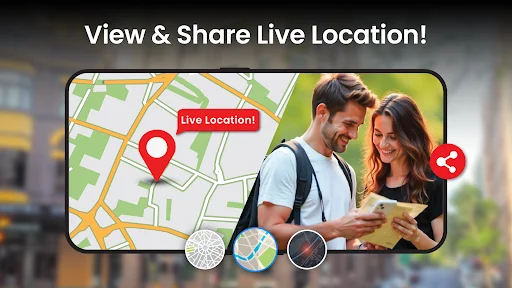 GPS navigation app showing live location sharing feature with map view and couple using navigation