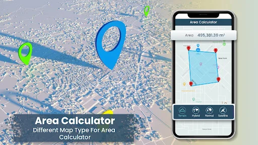 Area calculator showing different map types with aerial city view, location pins, and calculated area display