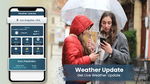 Weather update screen displaying Los Angeles forecast with temperature, humidity, wind speed and rain prediction