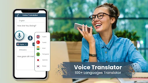 Voice translator interface supporting 100+ languages with microphone input and language selection options