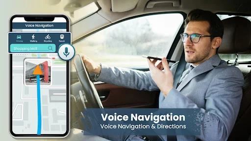 Voice navigation feature showing map route with voice command controls for hands-free GPS directions