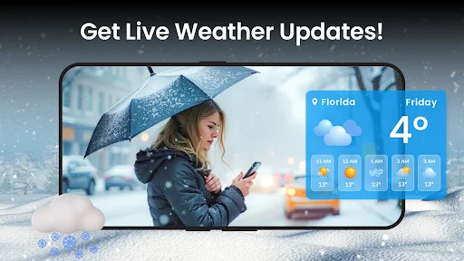 Weather update feature showing snowy conditions in Florida with temperature forecast and woman with umbrella