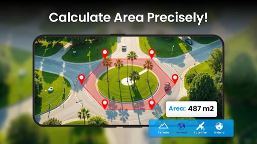 Area calculator tool measuring 487m2 on aerial park view with polygon selection and measurement tools