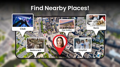 Nearby places finder showing aerial city view with location markers for club, gas station, bank, restaurant, hospital