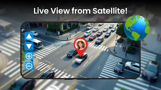 Live satellite view navigation showing street intersection with traffic, location pin, and zoom controls