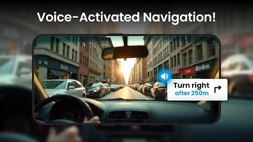 Voice-activated navigation displaying turn-by-turn directions with audio instructions on city street view