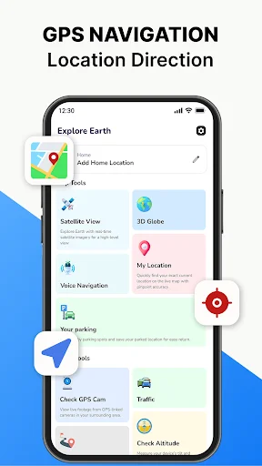 GPS navigation interface showing location direction with satellite view, 3D globe, voice navigation, and traffic options