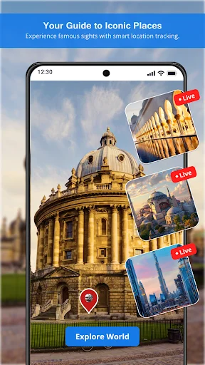 Iconic places guide showing Radcliffe Camera building with live landmark photo previews and explore world button