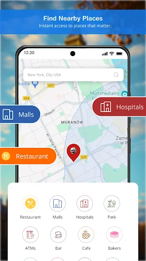 Find nearby places map interface with location markers and category filters for hospitals, restaurants, malls, services