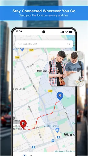 Stay connected location sharing feature with map route display, people image, and real-time location tracking capability