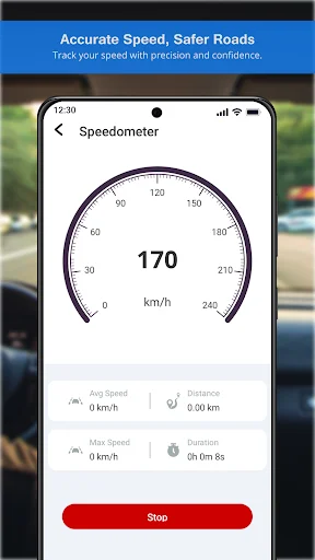 Speedometer display showing 170 km/h speed with average speed, maximum speed, and distance traveled statistics