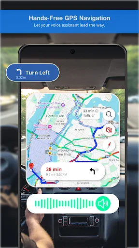 Hands-free GPS voice navigation interface showing turn left instruction with detailed map and voice command waveform