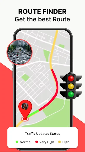 Route finder map displaying highlighted route path with traffic update status indicators showing congestion levels