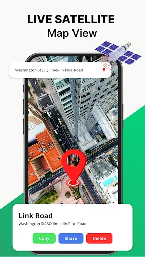 Live satellite map view of city buildings with location marker and options to copy, share, or delete location details