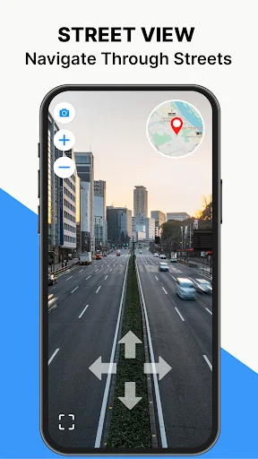 Street view first-person navigation of urban street with directional arrows and overhead map location pin display