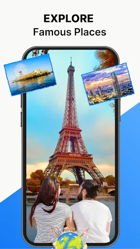 Explore famous places feature showing Eiffel Tower with viewers and iconic world landmark thumbnail previews
