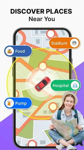Discover nearby places map showing locations for stadium, food, hospital, and pump with category filter icons