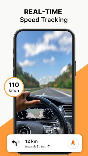 Real-time speed tracking displaying 110 km/h current speed, car dashboard view, and voice navigation towards destination