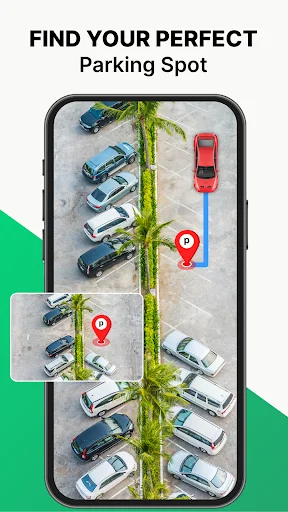 Parking spot finder overhead view showing parking lot vehicles and location markers for available spaces