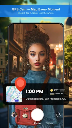 GPS camera combining portrait photo with map timestamp 1:00 PM and location coordinates for San Francisco CA